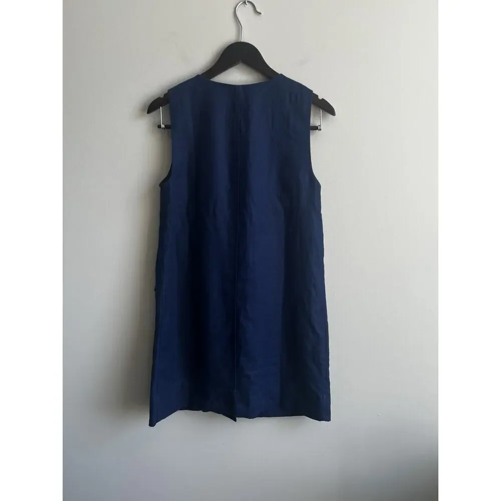 J.CREW Dress Button Front Shift Dress 100% Linen Navy Sleeveless Gold Buttons S